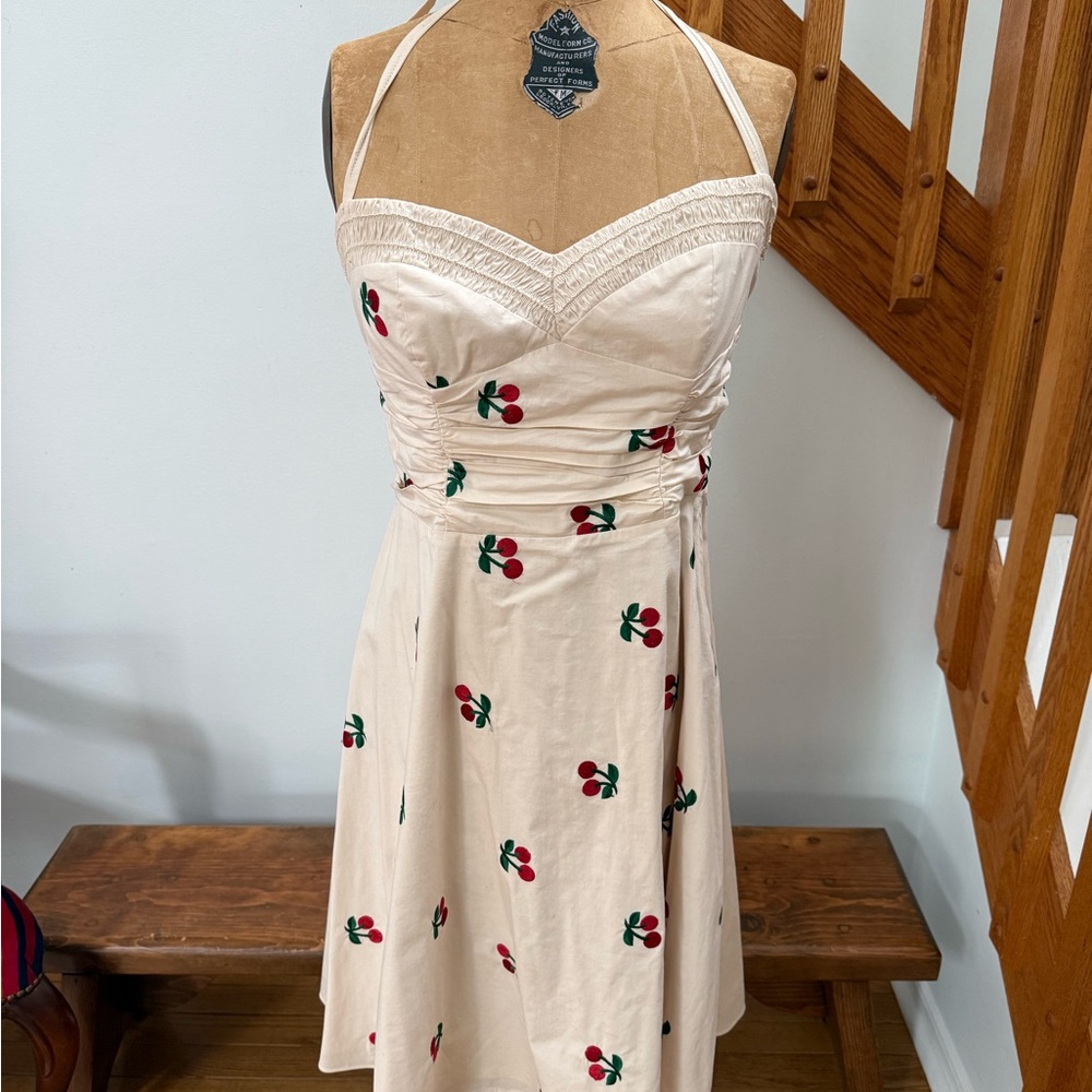 Vintage 90’s Betsey Johnson Cream Halter Midi Dress with Red Cherry Print